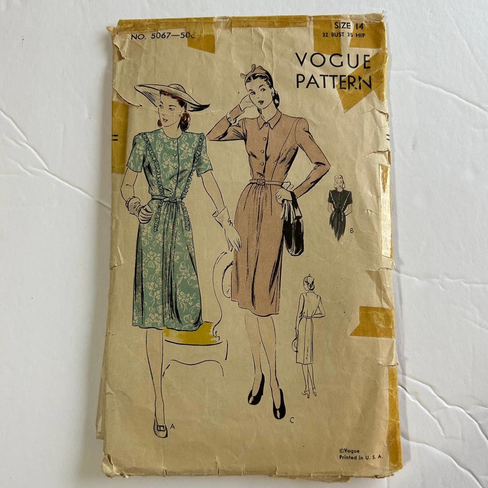 Vogue Vintage 1940's? Pattern #5067‎ Women's Dress Size 14 HTF